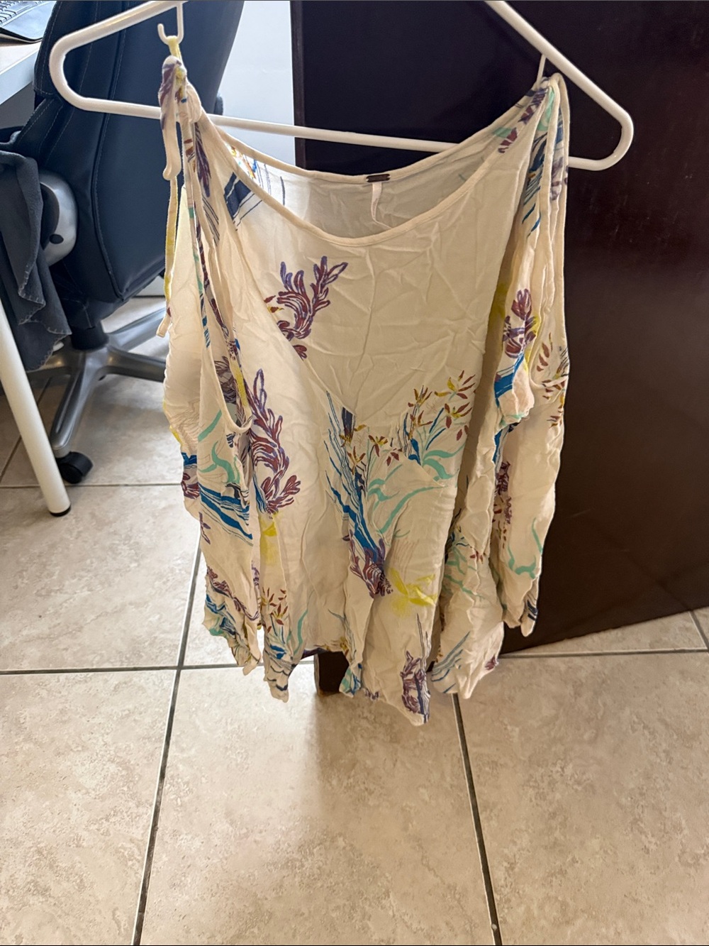 Free People Cream Cold-Shoulder Floral Tunic with Blue & Purple Print